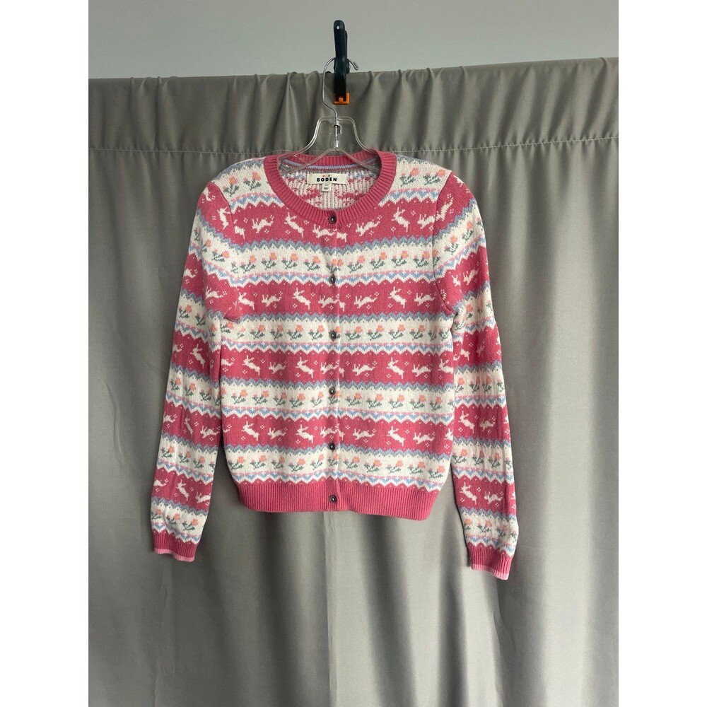 MINI BODEN Kids' Fair Isle Cardigan Blush Pink Bunnies Girls 11/12